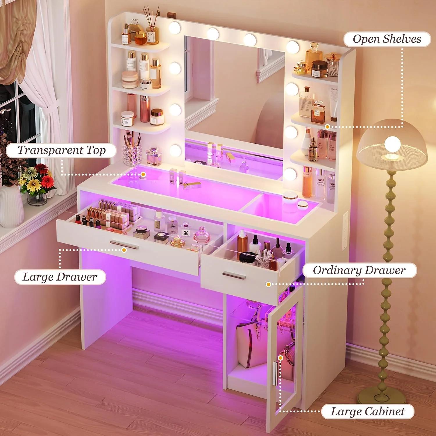 Fixwal Vanity Desk with Mirror and Lights, Makeup Vanity Table with RGB Drawers, 3-Color LED Lighting, Tempered Glass Top, 6 Shelves, Power Outlet, 35.4"W x 15.7"L x 55.1"H - Image 4