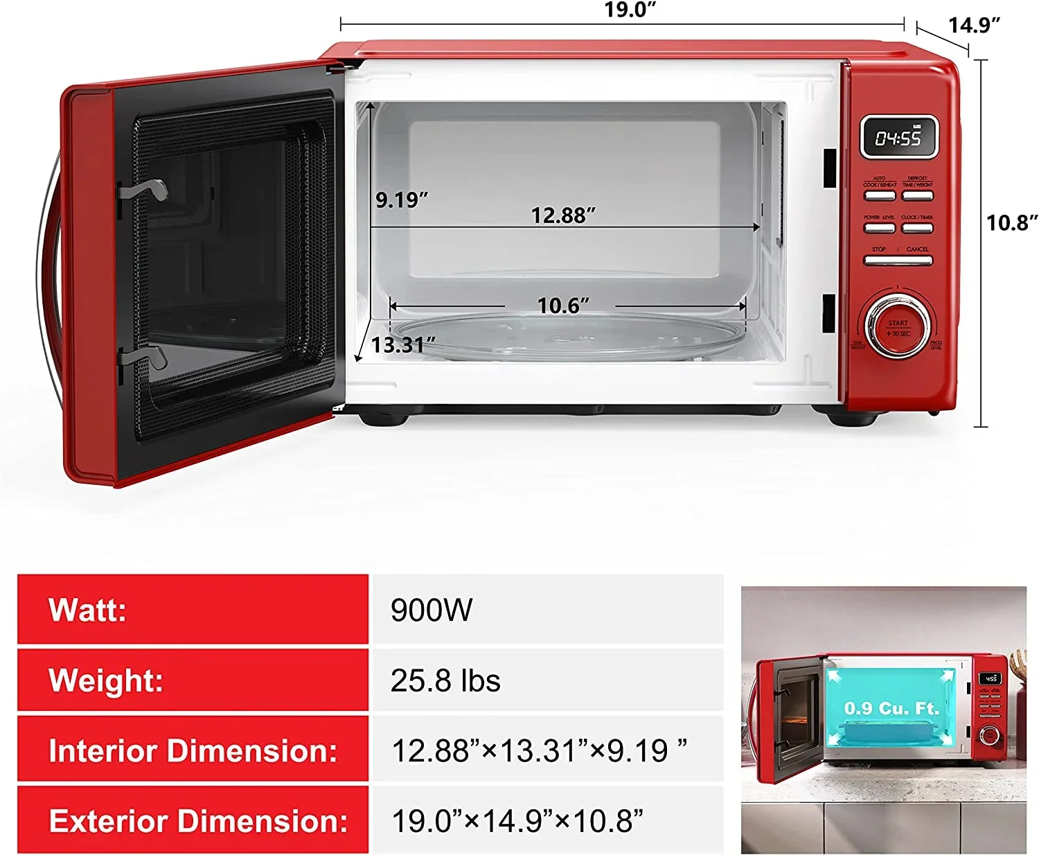 Galanz Retro Countertop Microwave Oven, 0.9 cu ft, Red - GLCMKZ09RDR09 - Image 7