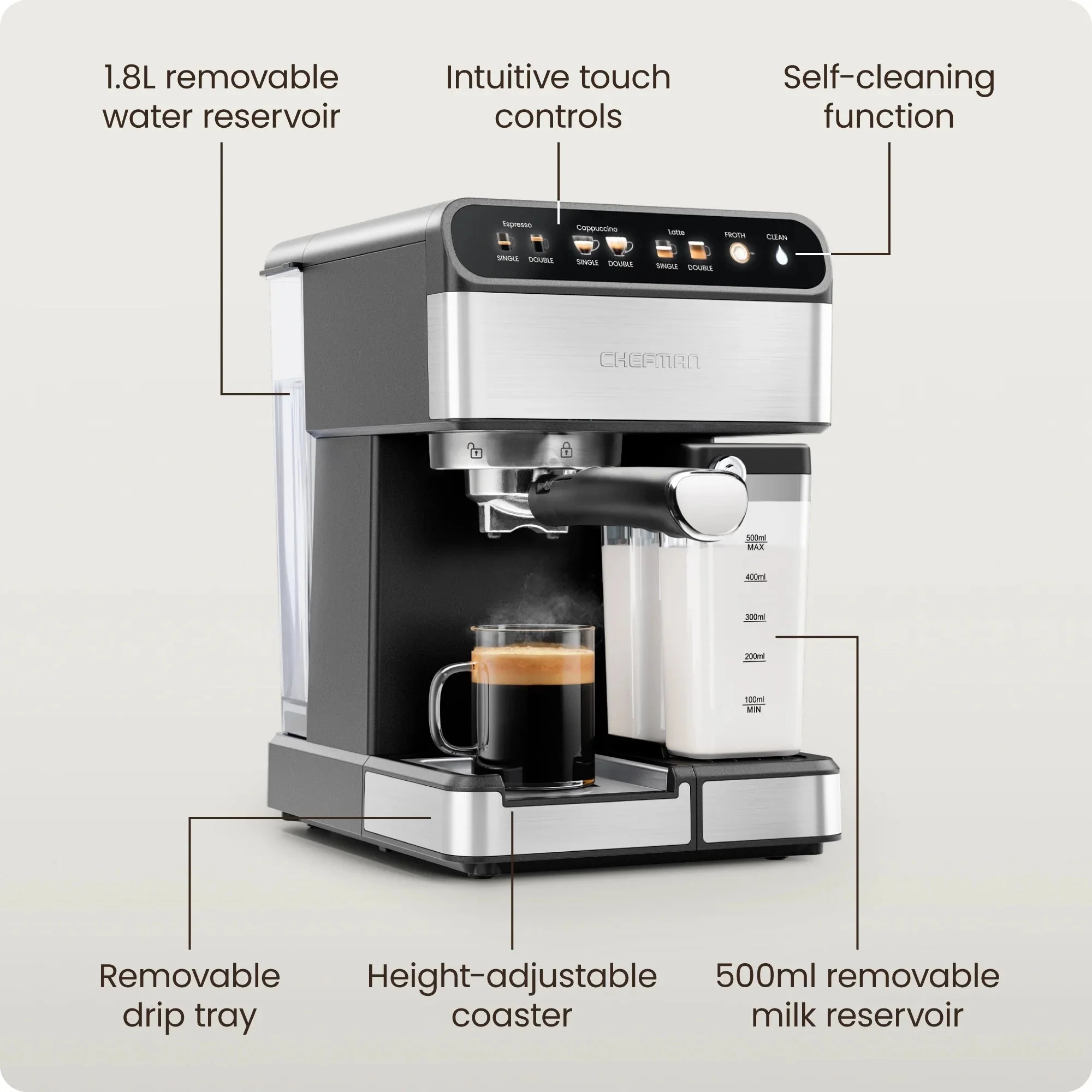 Chefman CafeMaster Pro 6-in-1 Espresso Machine With Milk Frother, Stainless Steel, 1.8-Liter - RJ54-I-SV / RJ54-I-SV-AM - Image 5