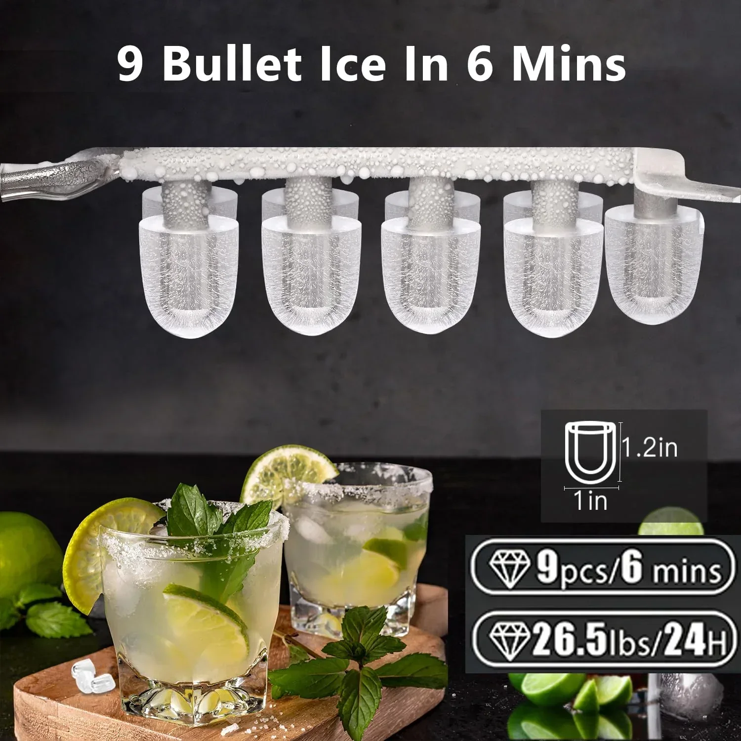 Joy Pebble Countertop Bullet Ice Maker With Handle, 9 Ice Cubes in 6 Mins, 26Lbs/24H - Image 2