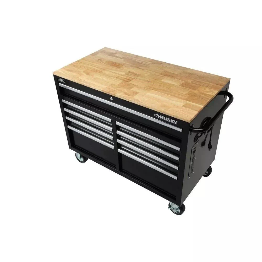 Gloss Black 46′′ 9-Drawer Mobile Tool Chest Workbench with Power Strip & Solid Wood Top - Image 3