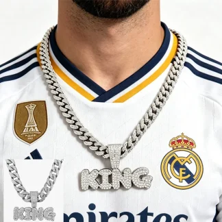 Full Diamond King Football Pendant Necklace With 20in Cuban Link Chain, 13mm Width