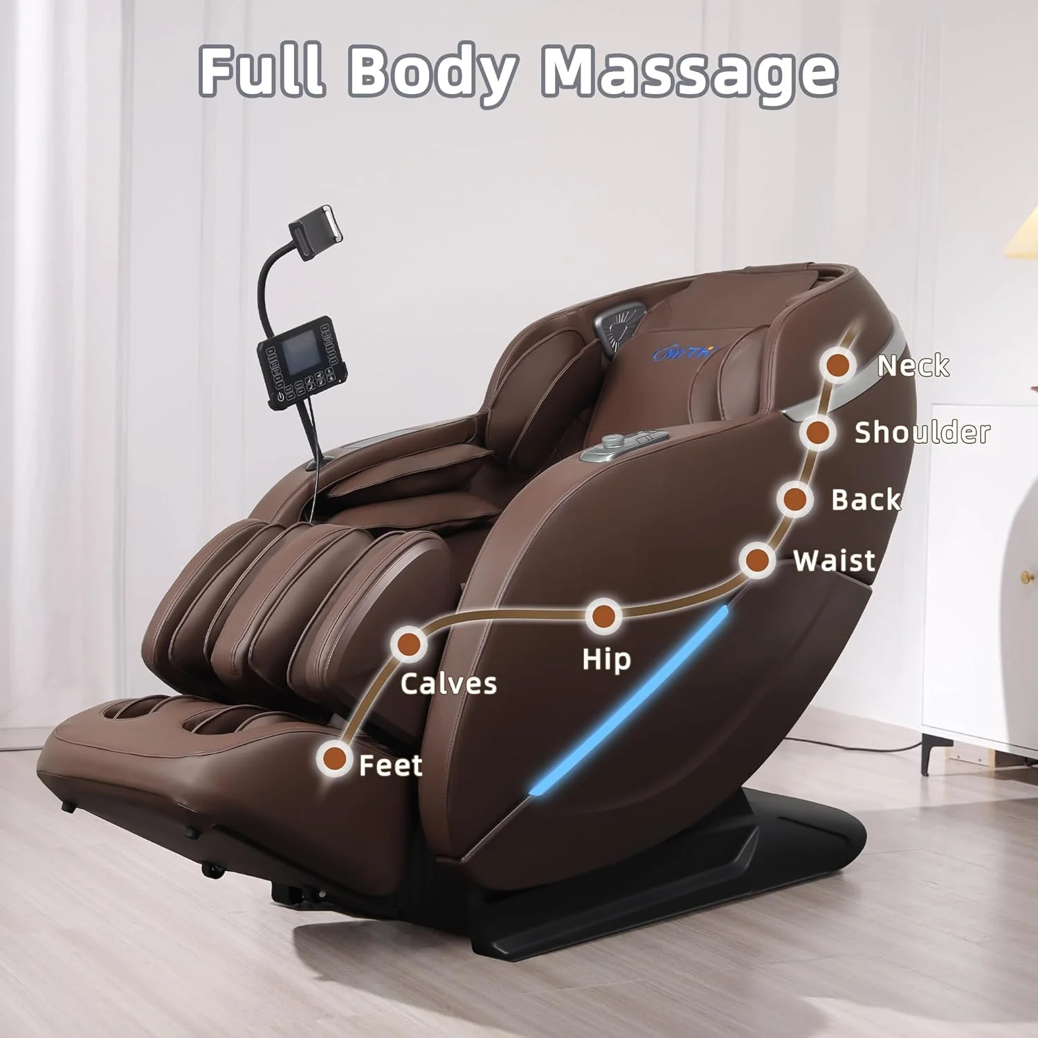 MYTHIA Full Body Zero Gravity Massage Chair With SL Track, Lumbar Heat, Foot Rollers And Bluetooth - A303C, Brown - Image 3