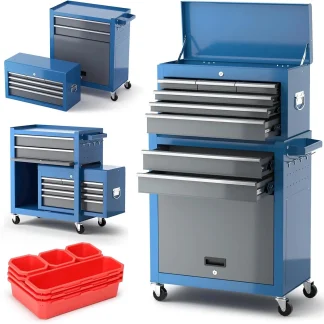 Tool Chest 8-Drawer | 42'' Large Rolling Tool Chest with Wheels | Detachable Top Metal Tool Box | Garage Storage Cabinet for Repair Room,Warehouse | Rolling Tool Box with Hooks,Liners,Tray Divider