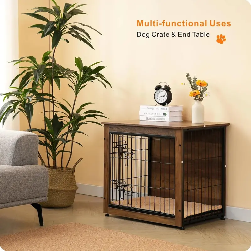 DWANTON Wooden Dog Crate Furniture With Cushion, Double Doors And Adjustable Feet - Image 6