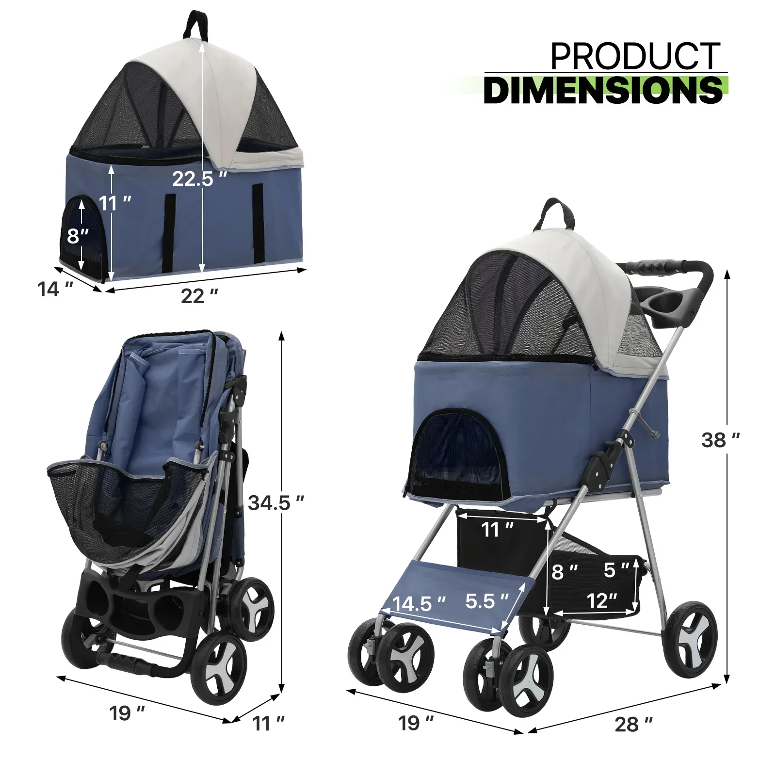 Magshion Foldable Pet Stroller, 4 Wheel, Navy Blue, 33 lbs Capacity - Image 2