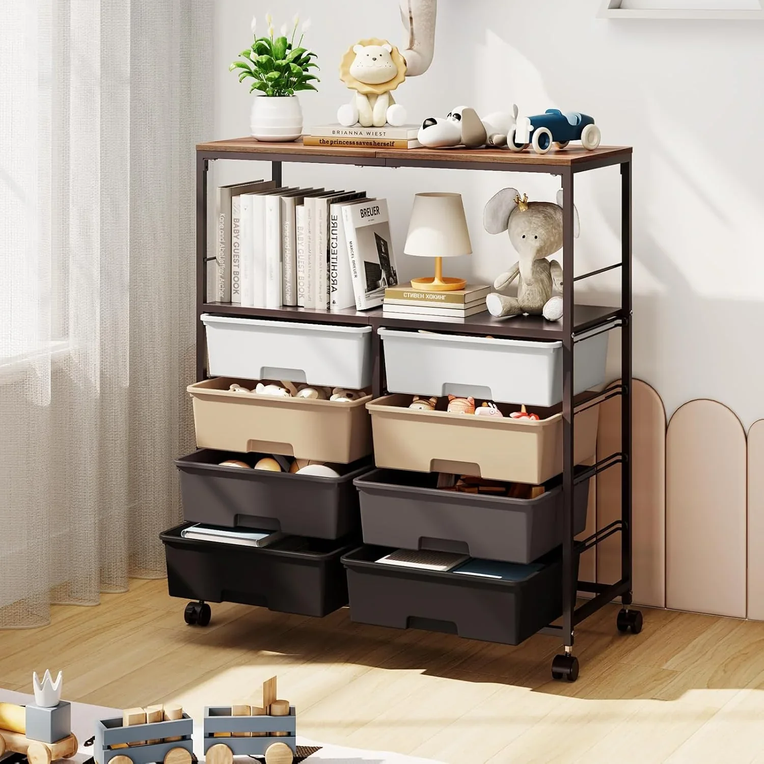 8-Drawer Rolling Storage Cart With Wooden Top And Lockable Wheels - Image 2