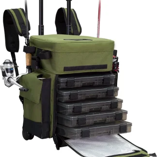 Elkton Outdoors Rolling Tackle Box with Wheels - Waterproof Rolling Fishing Backpack, 5 Removable Tackle Trays, 4 Rod Holders, Fishing Gifts for Men, Fish Tackle Bag, Roller Tackle Box