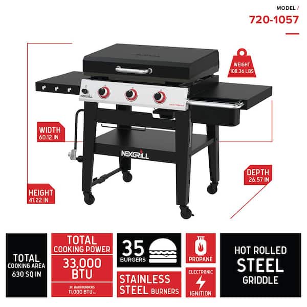 Daytona 3-Burner 30 in. Propane Gas Griddle in Black with Lid - Image 3