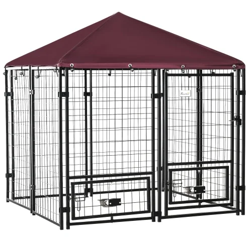 Outdoor Dog Kennel With Rotating Bowl Holders, 5 ft x 5 ft x 5 ft, Black And Red - Image 7