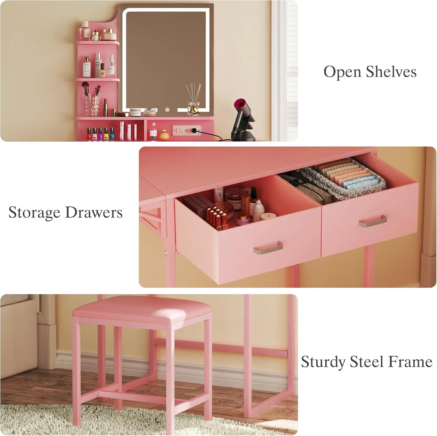 Fixwal 3-in-1 Compact Makeup Vanity Desk with Foldable Side Panel, LED Mirror & Power Outlet - Image 4
