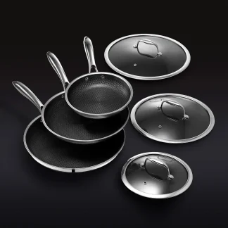 HexClad Hybrid Stainless Steel Cookware Pan Set, 6 Piece, 8 inch, 10 inch, 12 inch, Glass Lids, Black