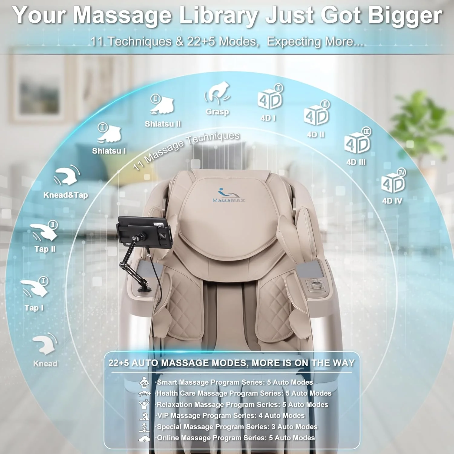 MassaMAX 4D Full Body Massage Chair With Auto Footrest, SL Track, Zero Gravity, Heating, Golden - MT339 - Image 4