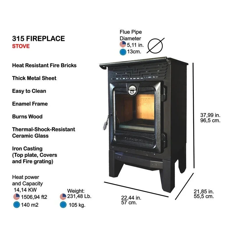 Indoor Wood Burning Cooking Stove 57cm x 55,5cm x 99,5cm, Matte Black - Stove 315 - Image 18