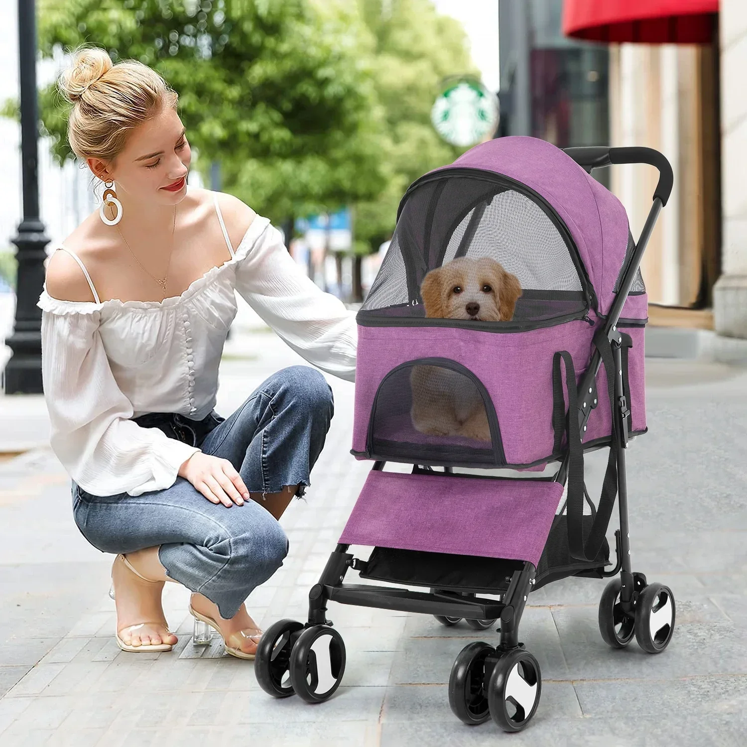 NiamVelo 3-in-1 Detachable Pet Stroller With 4 Wheels, Purple - Image 8