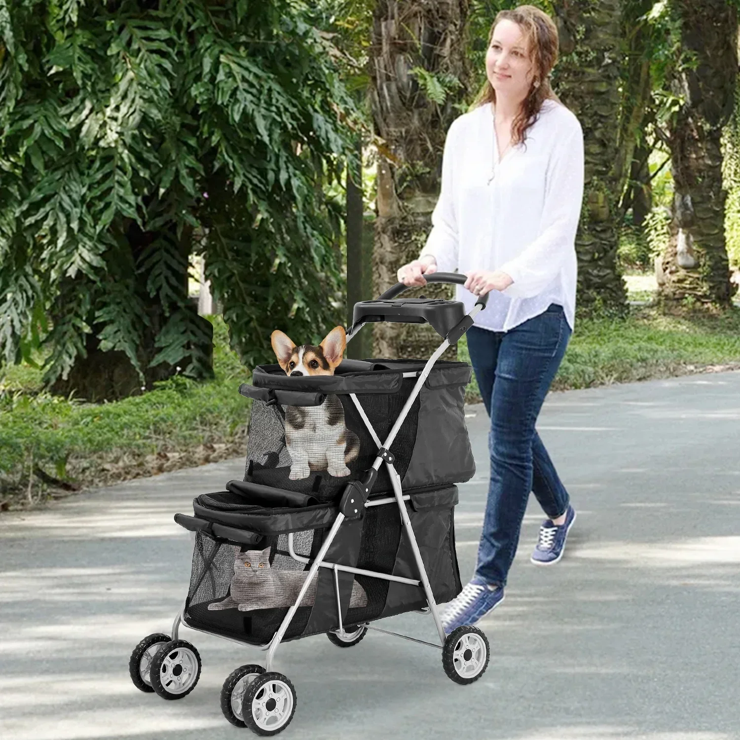 4-Wheel Foldable Pet Stroller With 2 Cages - Image 8