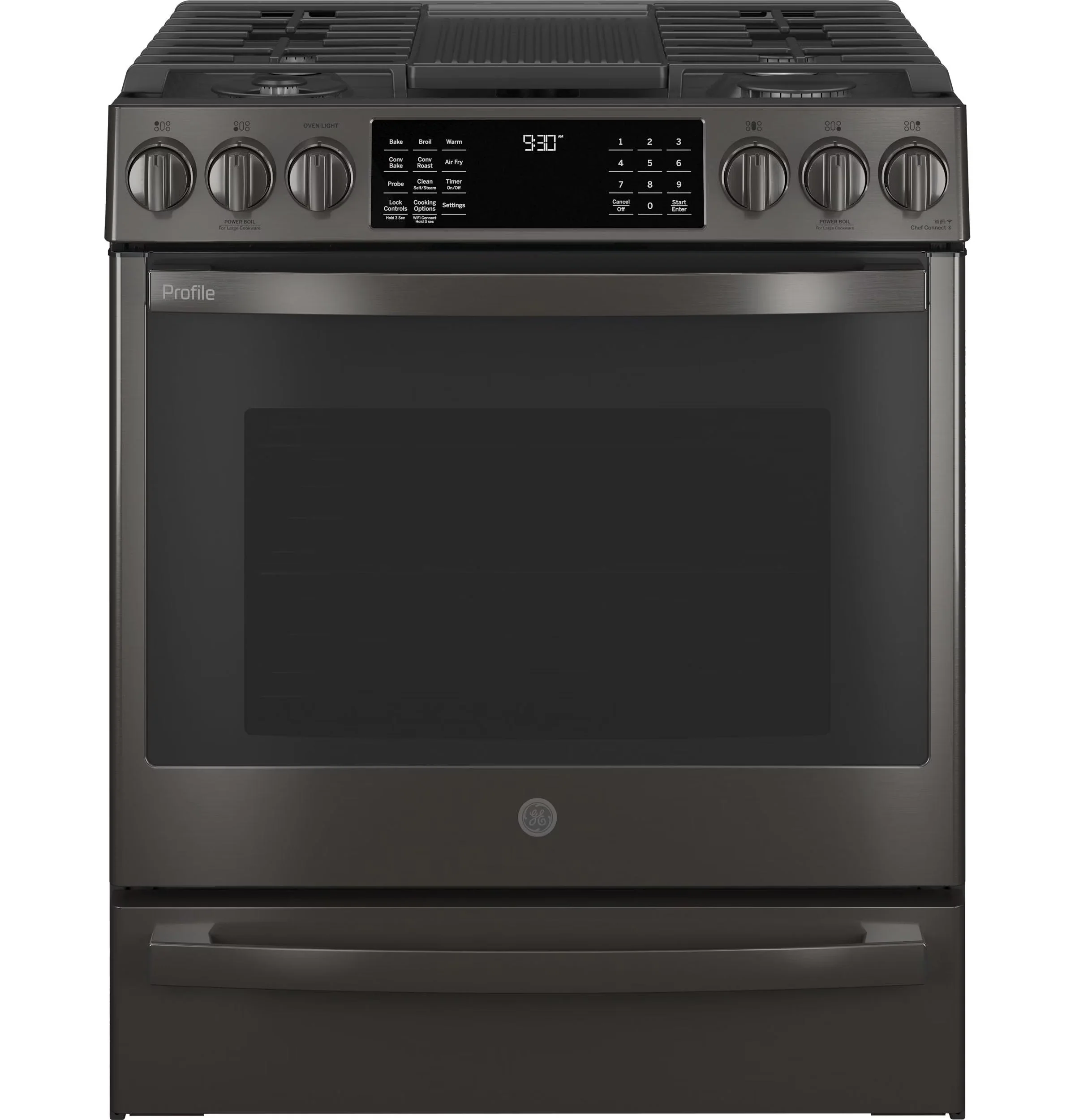 GE APPLIANCES Profile 30in Smart Slide-In Front-Control Gas Range, Black Stainless - PGS930BPTS