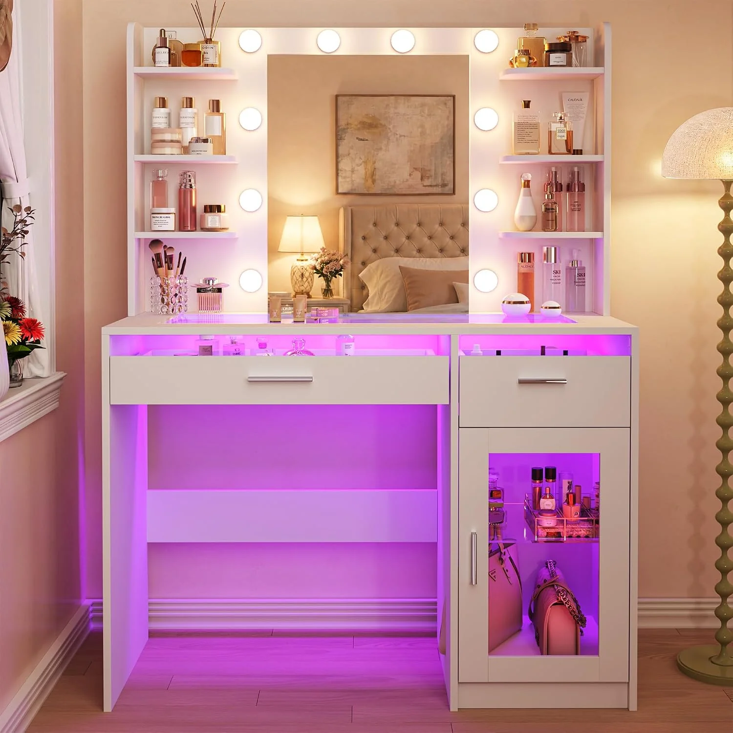 Fixwal Vanity Desk with Mirror and Lights, Makeup Vanity Table with RGB Drawers, 3-Color LED Lighting, Tempered Glass Top, 6 Shelves, Power Outlet, 35.4"W x 15.7"L x 55.1"H - Image 5