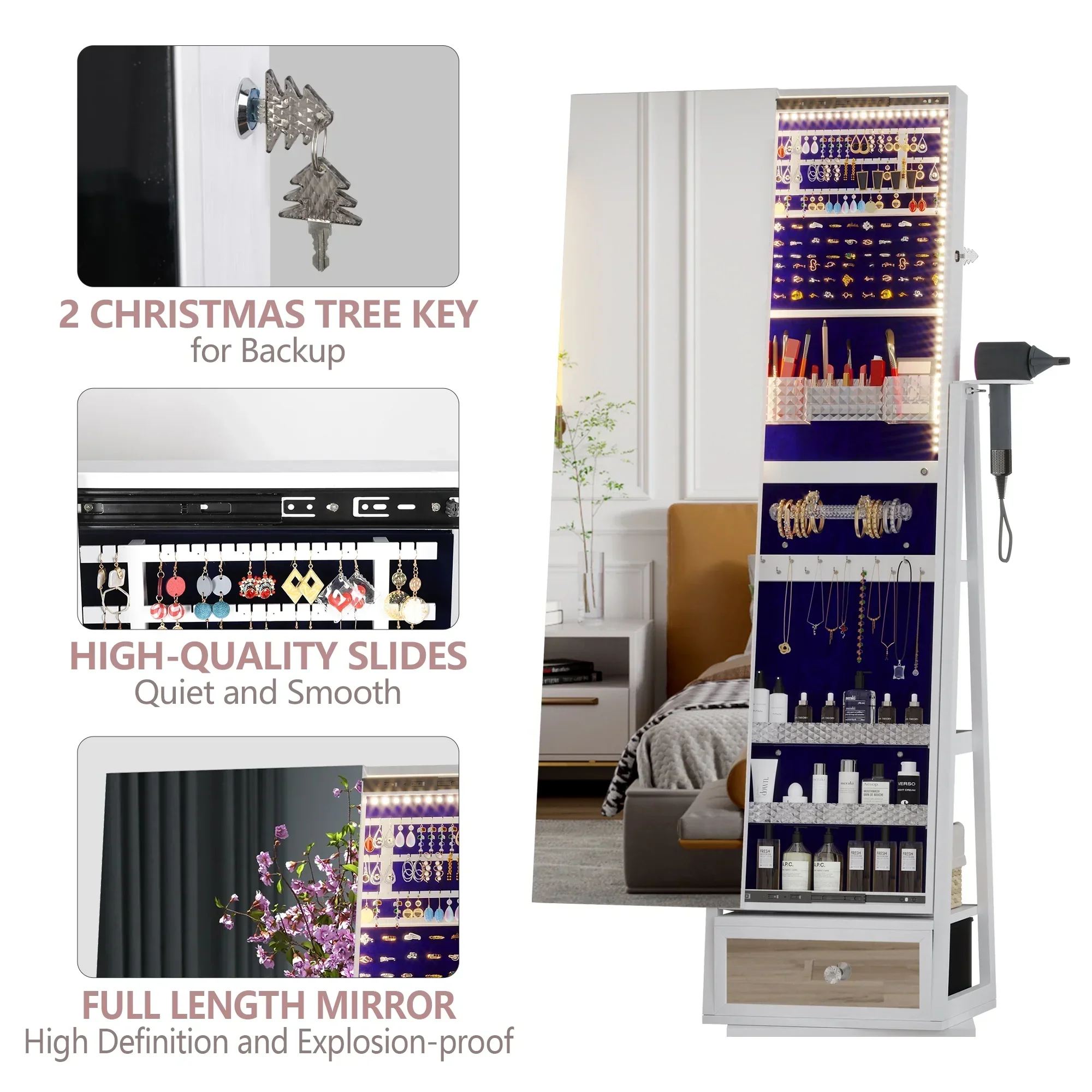 LVSOMT 360 Swivel Jewelry Cabinet With Lights, 53.5 x 14.5 in Full-Length Mirror, White - Image 4
