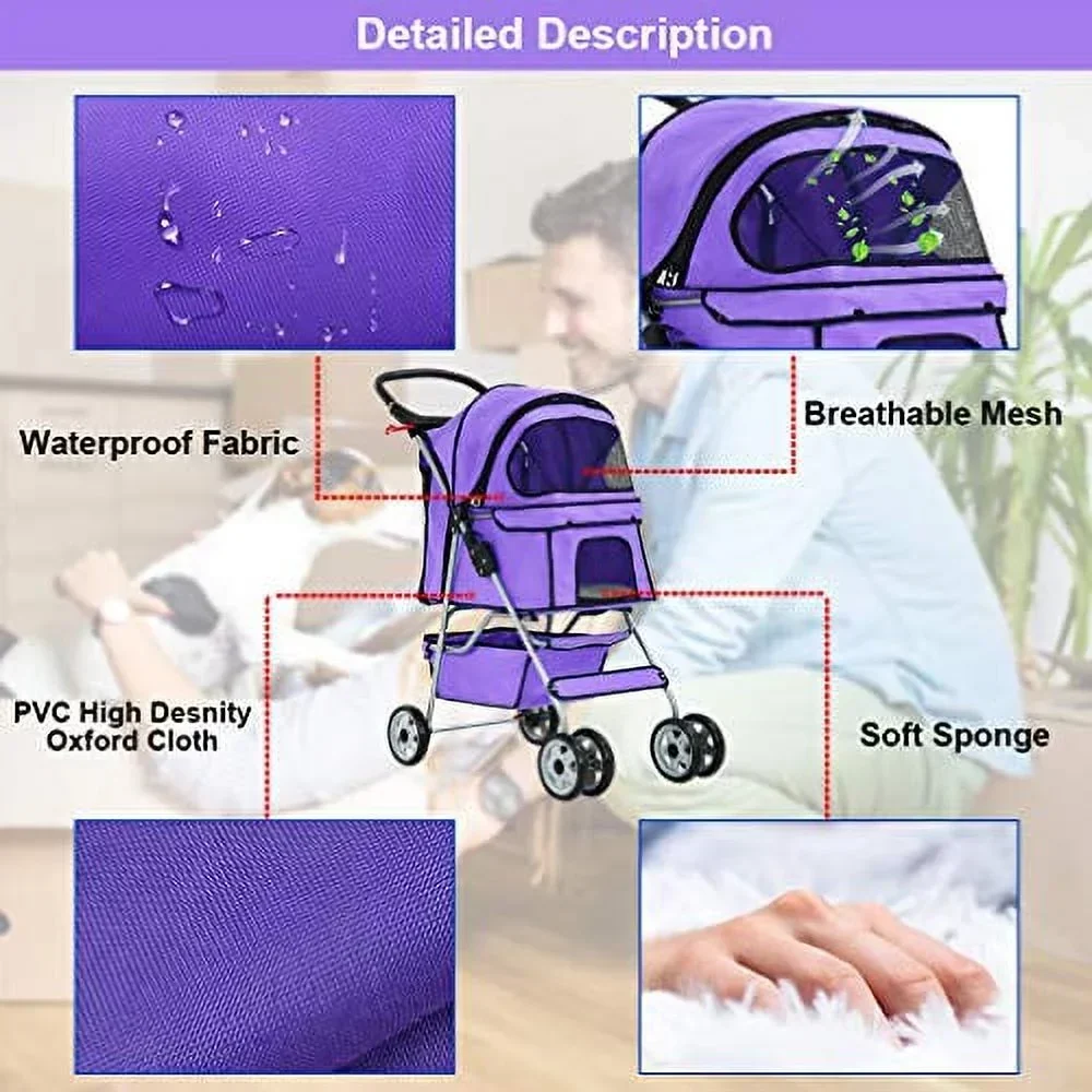 BestPet Cat Carrier Stroller, 4 Wheels, Purple - Image 3