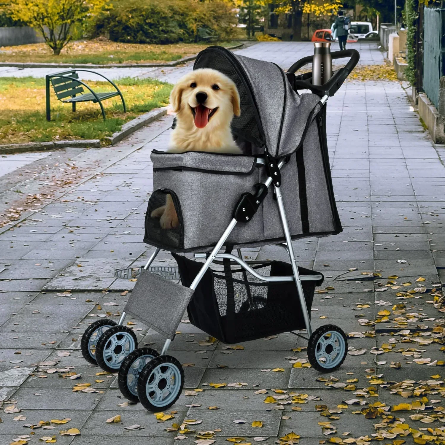 Dkelincs 4-Wheel Foldable Dog Cat Stroller Travel Carrier, Grey - 29.5in L x 18.9in W x 39.8in H