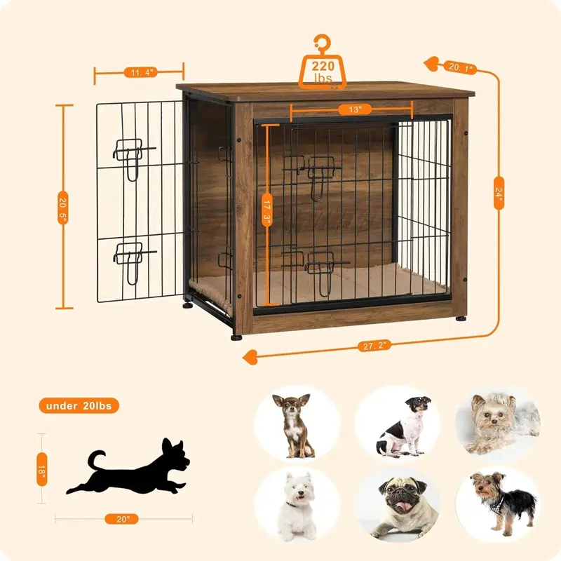 DWANTON Wooden Dog Crate Furniture With Cushion, Double Doors And Adjustable Feet - Image 3