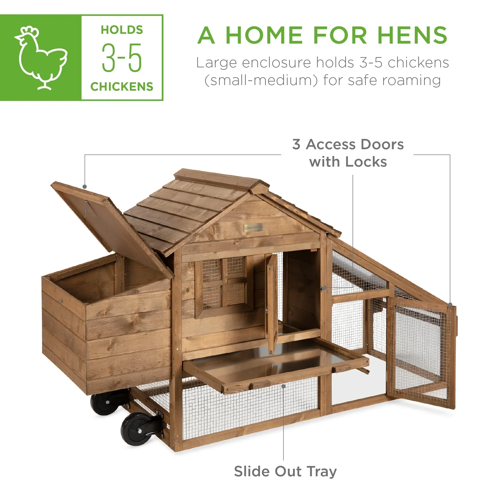 Best Choice Products Mobile Fir Wood Chicken Coop Tractor, 70in, Wheels, 2 Doors, Nest Box, Removable Tray - Image 4