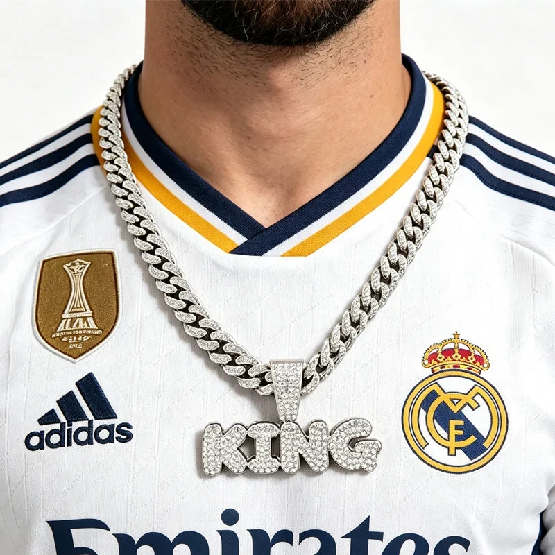 Full Diamond King Football Pendant Necklace With 20in Cuban Link Chain, 13mm Width - Image 4