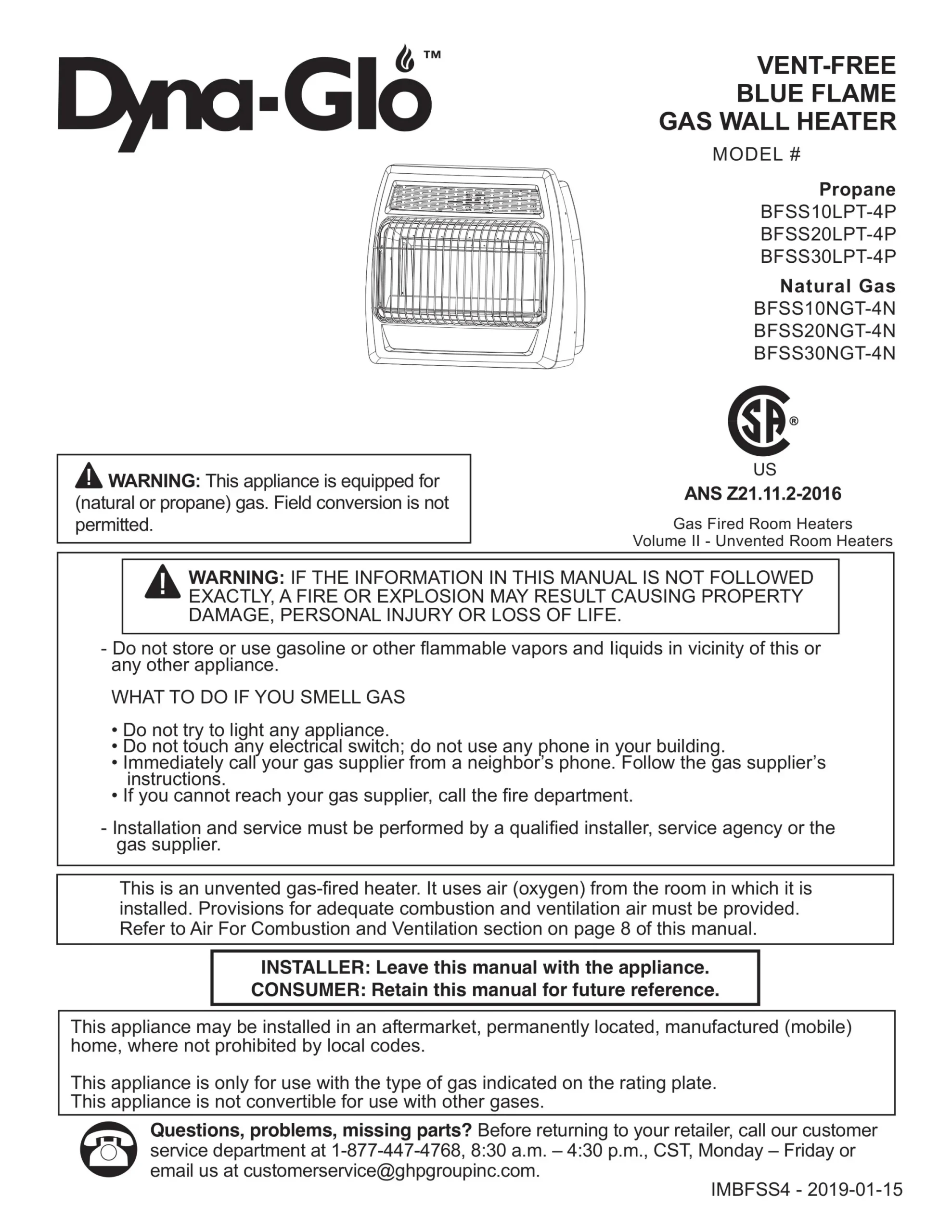 Dyna-Glo Liquid Propane Blue Flame Vent-Free Thermostatic Wall Heater, 20,000 BTU - BFSS20LPT-4P - Image 7
