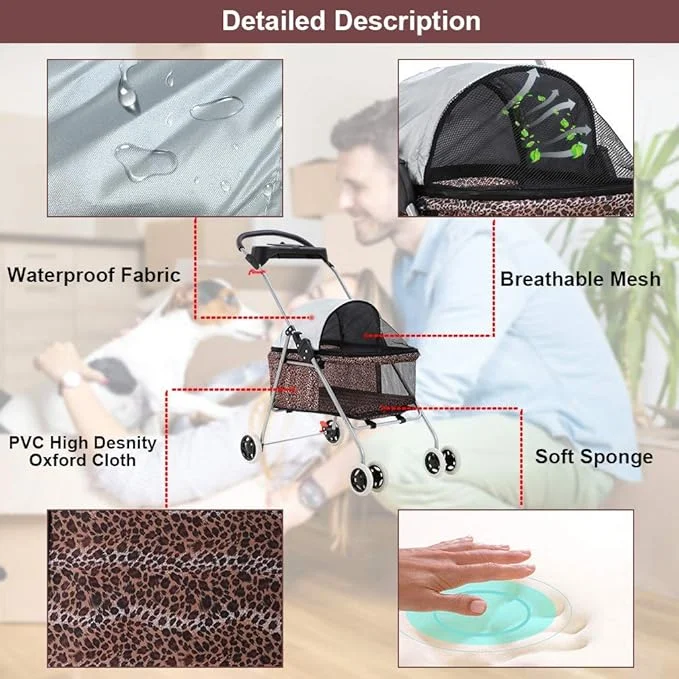 BestPet Posh Pet Stroller, Leopard Skin - Image 4