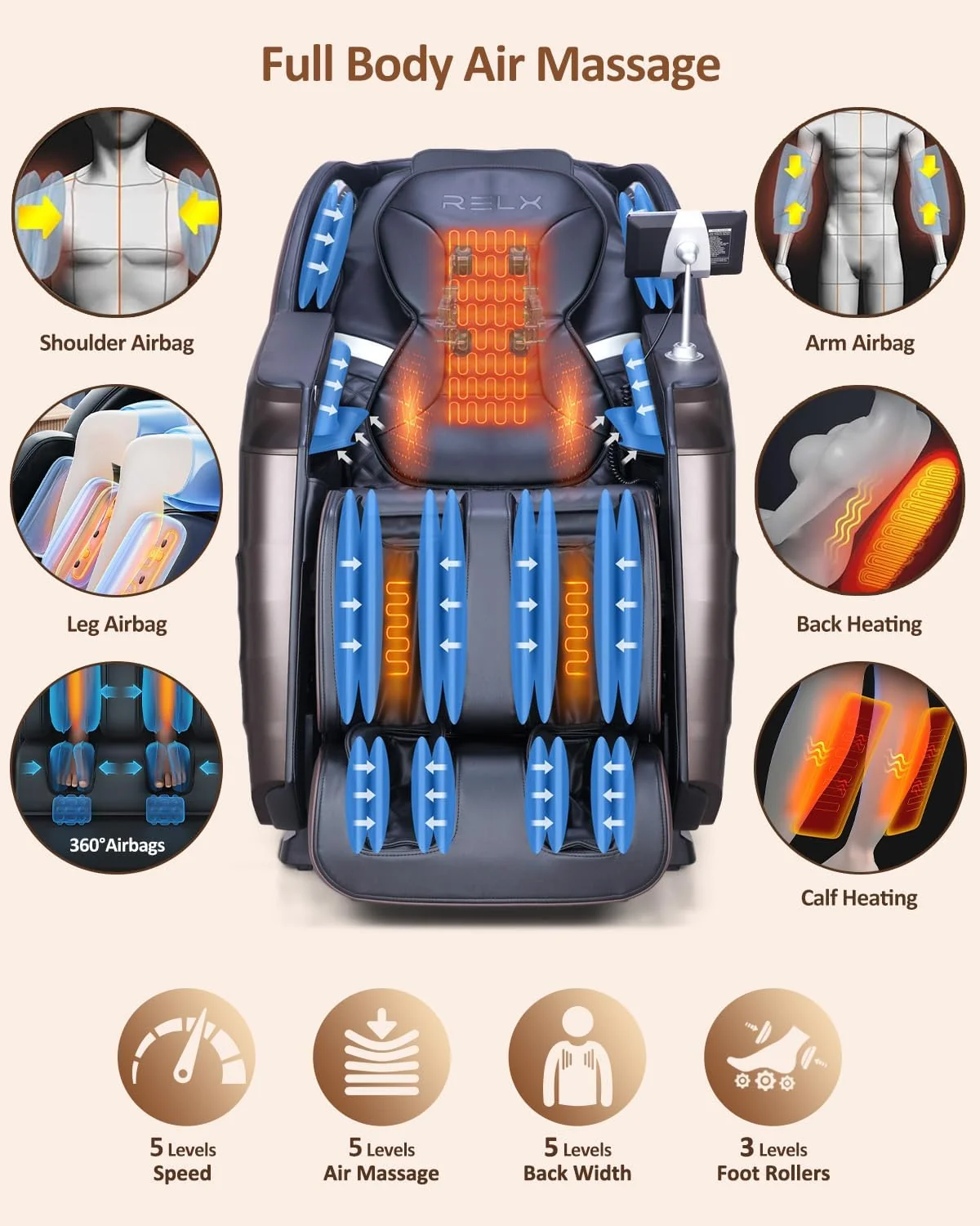RELX Full Body Massage Chair, 20 Modes, 53-inch SL-Track, Brown - Image 4