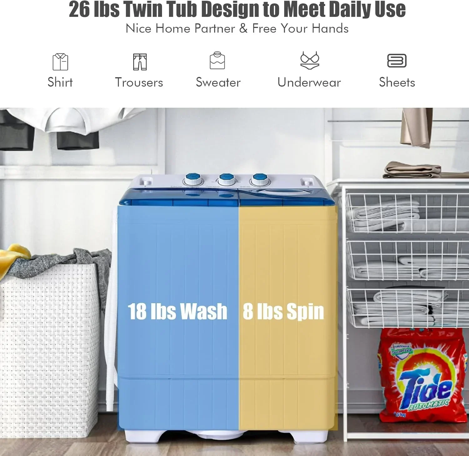 Costway Double Tub Washing Machine, 26 lb Capacity, 18 lb Wash, 8 lb Spin, Drain Pump - Image 18
