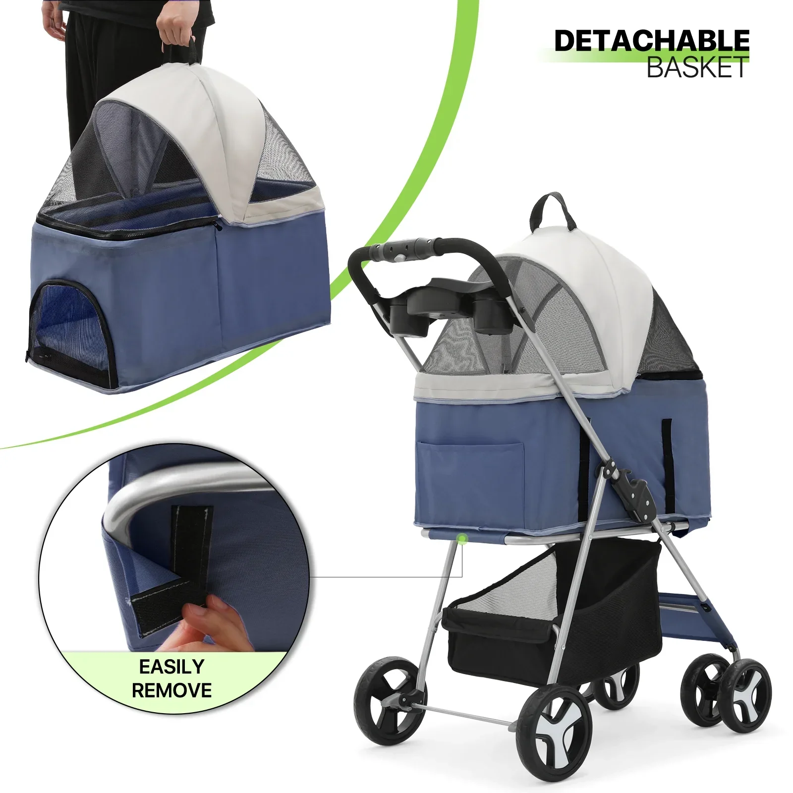 Magshion Foldable Pet Stroller, 4 Wheel, Navy Blue, 33 lbs Capacity - Image 5