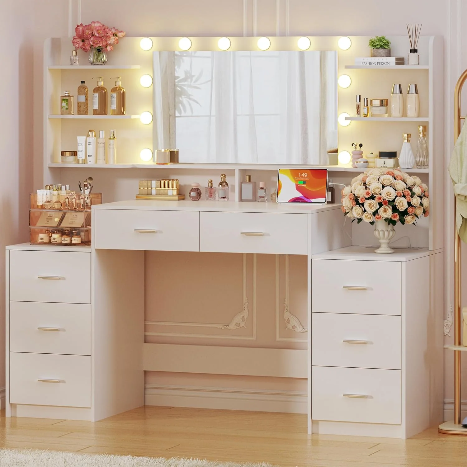 Fixwal 54.3" Professional Makeup Vanity Table with 8 Drawers, LED Hollywood Mirror & Charging Station, White - Image 8