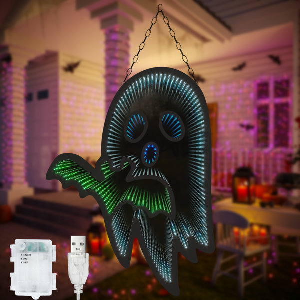 Halloween Ghost Infinity Mirror Light, 3D LED Hanging Wall Decoration, USB & Battery Powered LED Sign with Timer for Indoor Party & Spooky Room Décor