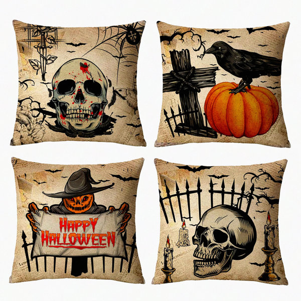 Vintage Halloween Pillow Covers Set – Skull Pumpkin Owl Crow Decorative Throw Pillow Cases – Home Outdoor Sofa Couch Cushion Covers – Set of 4