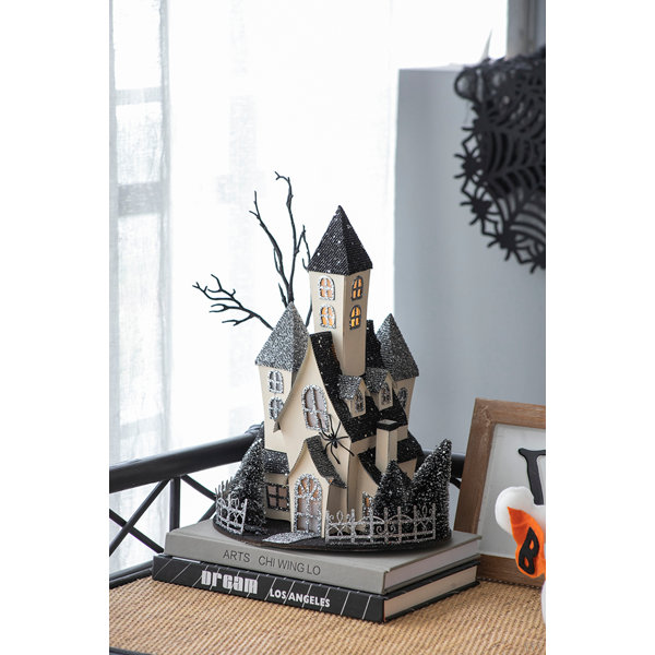 10X8.3X13.5″ Cardboard Lighted Haunted House, Black Beige Tabletop Holiday Halloween Decor, Battery Powered