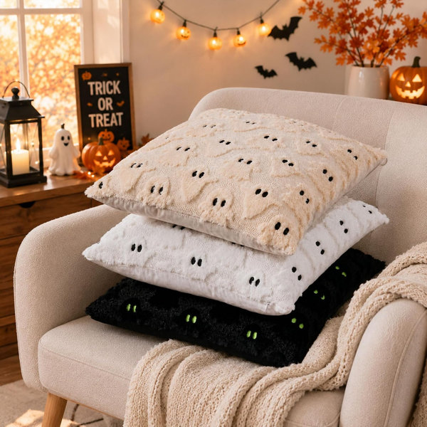 Halloween Pillow Covers 16×16 inch 2Pcs White Ghost Halloween Decor Halloween Decorations Set of 2 Throw Pillow Cases Plush Faux Fur Wool Cushion for Chair Sofa Bedroom Living Room Home Decor