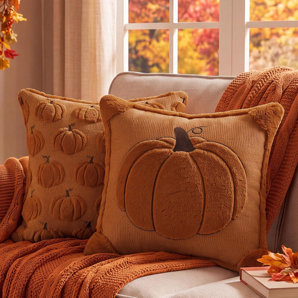 Fall Throw Pillow Covers 18×18 Set of 2 Reversible Rust Pumpkin Plush 3D Embroidery Pumpkin Covers, ideal for couch, sofa, autumn boho farmhouse accent; Perfect & Thanksgiving gift