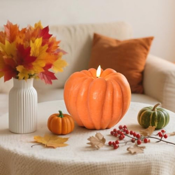Flameless Pumpkin Candles With Timer – Fall Home Decor Indoor, LED Light Up Pumpkins For Mantel Table | Halloween Flameless Candle Thanksgiving Fall Decoration, Autumn Farmhouse Rustic Harvest Décor