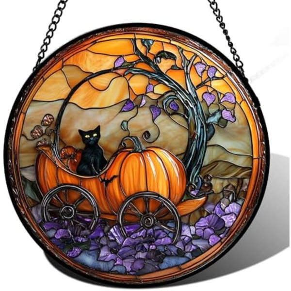 Stained Glass Window Hanging – Halloween Pumpkin Carriage Black Cat Suncatcher For Doors Window Garden Spooky Sun Catchers Gothic Decor Horror Gifts For Women Men Friend Boy Girl 7.8 In