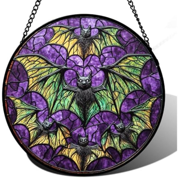 Stained Glass Window Hanging – Halloween Decorations Bats Suncatcher For Doors Garden Indoor Spooky Funny Purple Sun Catchers Gothic Decor Horror Gifts For Women Men Friend 6.3 In