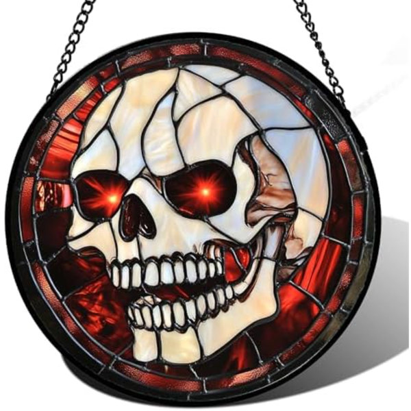 Stained Glass Window Hanging – Halloween Decorations White Skeleton Suncatcher For Doors Garden Indoor Spooky Funny Red Sun Catchers Gothic Decor Horror Gifts For Women Men Friend 9.8 In