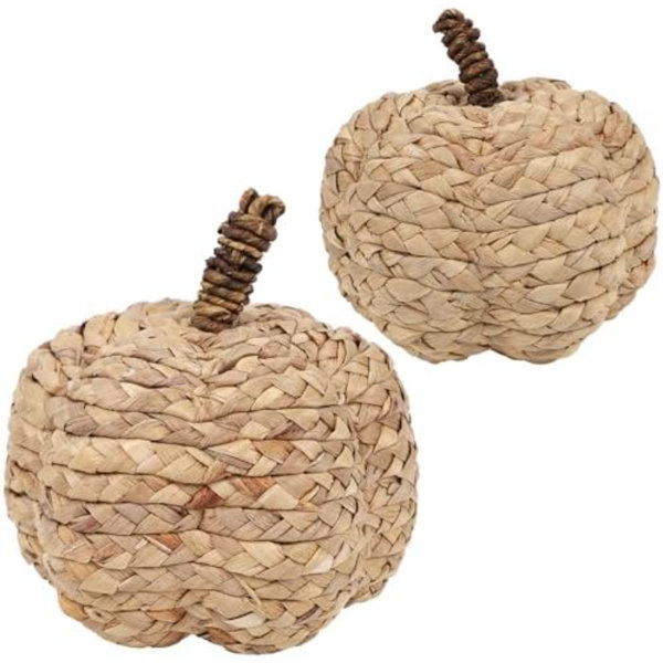 2 Pack Pumpkin Fall Decor Thanksgiving Decorative Pumpkins For Home Woven Cattail Figurines Farmhouse Autumn Decorations Fall Centerpieces For Table Porch Mantel Indoor (Beige)