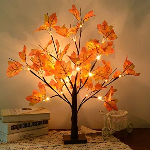 Artificial Fall Lighted Maple Tree 24 LED Thanksgiving Decorations Table Lights Battery Operated for Wedding Party Gifts Indoor Outdoor Autumn Harvest Home Décor
