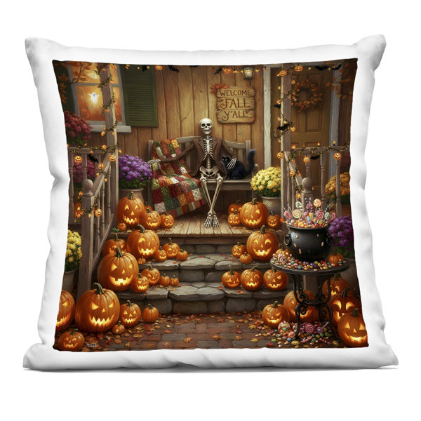 Welcome To Fall Skeleton Porch Decorative Printed Throw Pillow, design by Tabz Jones