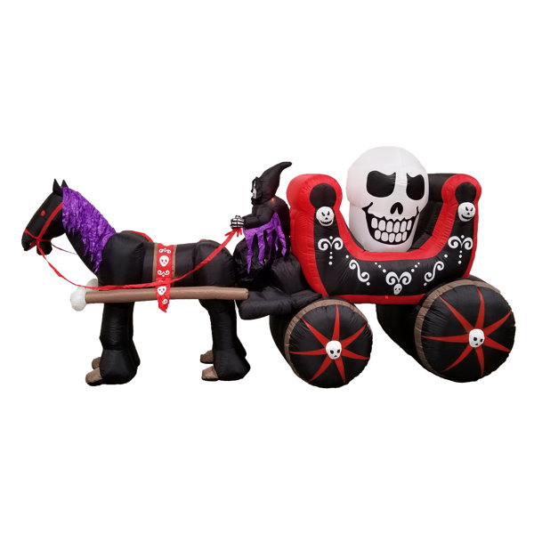 12 Foot Long Lighted Happy Halloween Inflatable Carriage with Skeleton Ghost Huge Skull Indoor / Outdoor Holiday Blow Up Yard Garden Decoration