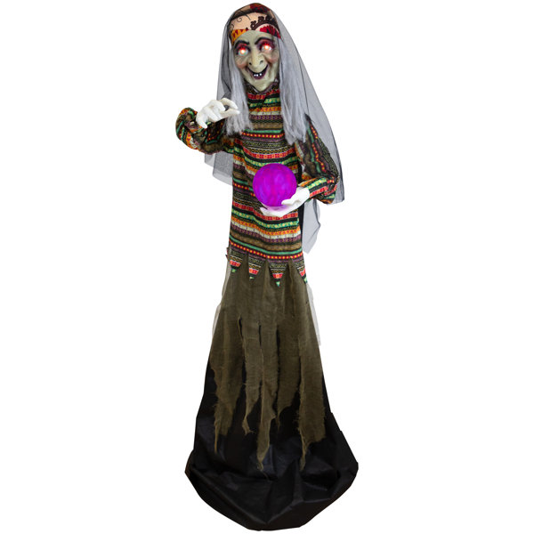 5.5′ Pre-Lit Black and Green Standing Fortune Witch with Magic Ball Halloween Display