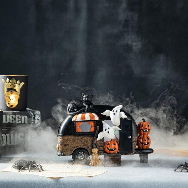 9.25″ L Halloween Polyresin Lighted Camper Table Decor with Ghost, Pumpkin & Black Cat