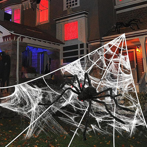 Spider Web Halloween Decoration, 236″ Spider Web+ 60″ Giant Spider Decorations Fake Spider With Triangular Huge Spider Web For Indoor Outdoor Halloween Decor Yard Home Haunted House Decor